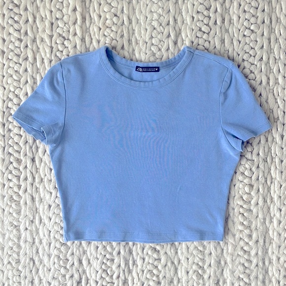 ZARA Cropped Baby Tee in Light Blue - Size: M - Picture 1 of 3